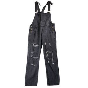 Women’s Black Denim Overalls Size Small 28x23 Distressed Holes Buttons Goth Boho